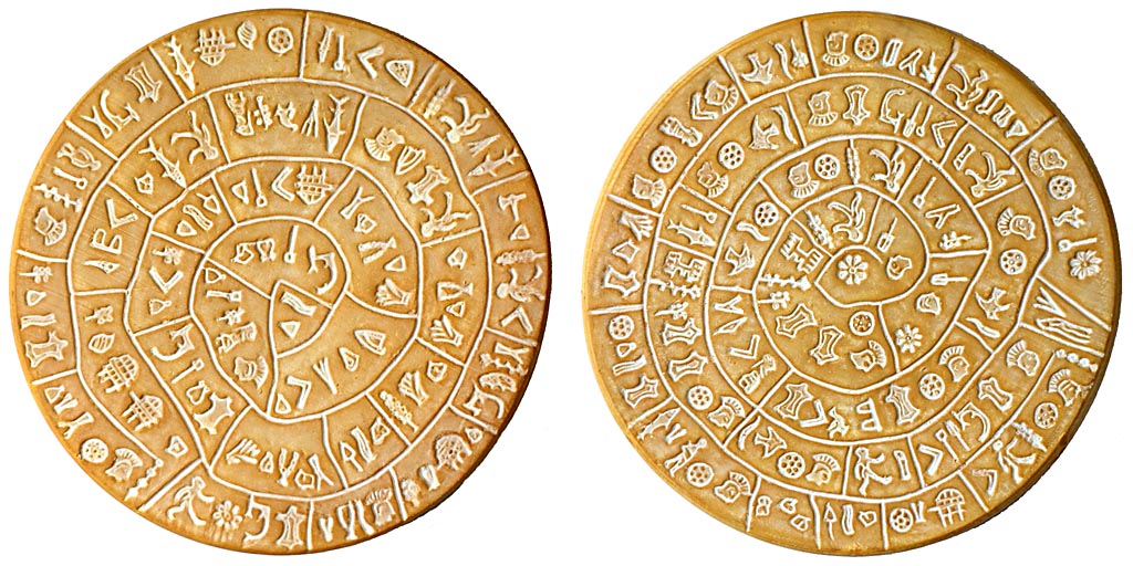 The Phaistos Disc, stamped on both sides with 241 signs in a spiral, in the Heraklion Archaeological Museum