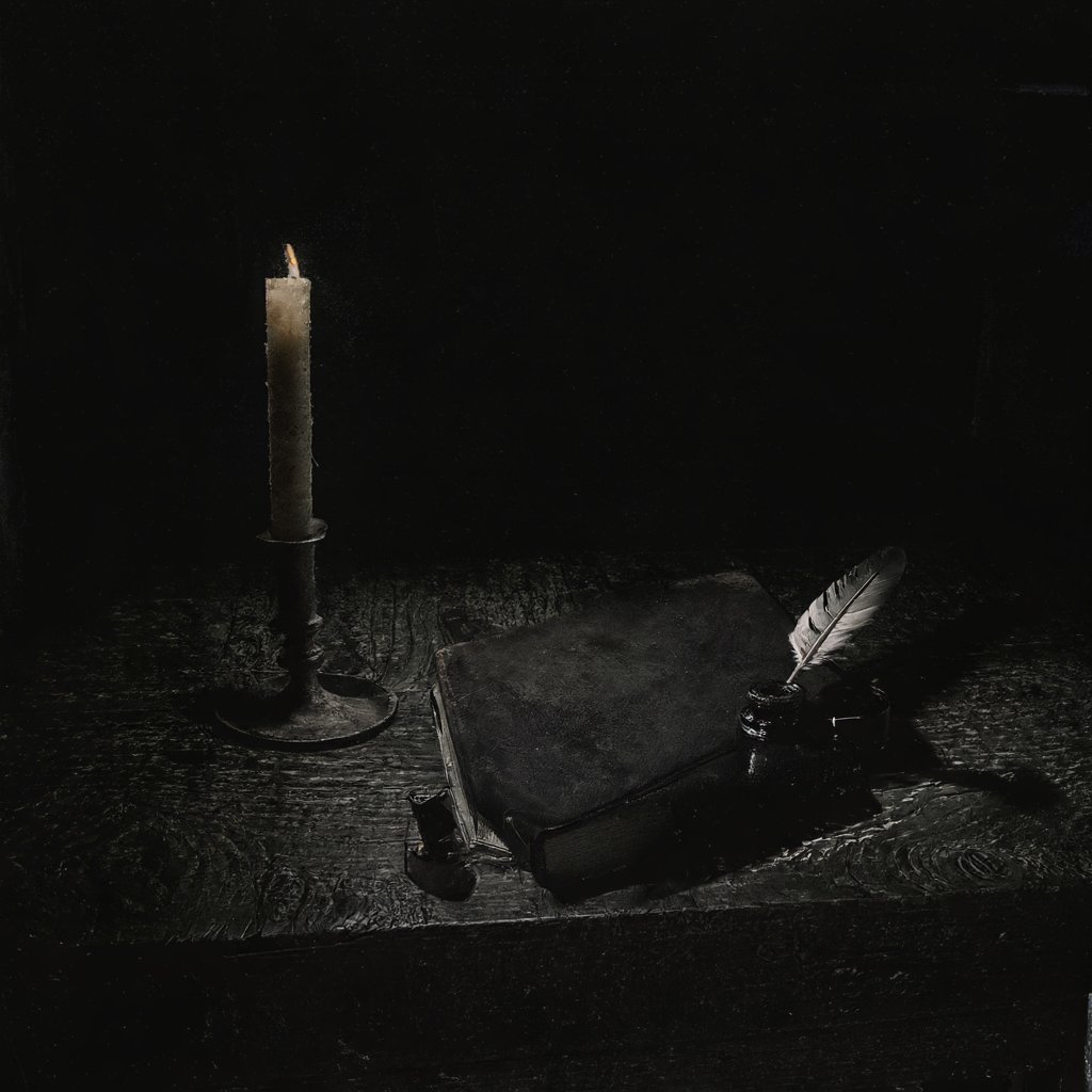 Illustration of a medieval scriptorium desk by candlelight with a closed book, an inkwell and a quill