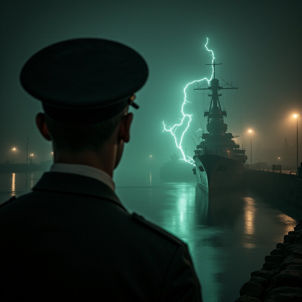 Illustration of a naval officer watching a destroyer escort wrapped in a green electrical glow at a foggy night dockyard