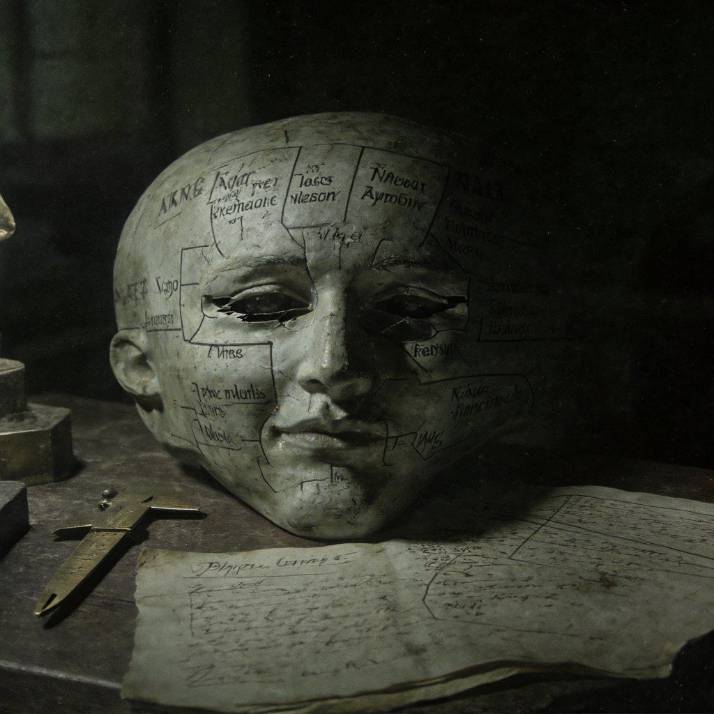 Illustration of a porcelain phrenology head mapped into labeled regions, standing on a wooden desk beside brass calipers, deserted, no people