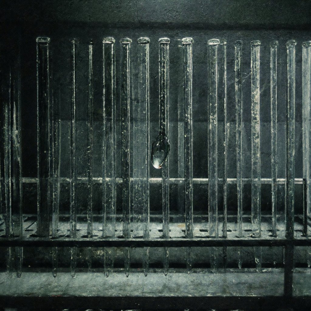 Illustration of a rack of fine glass capillary tubes on a laboratory bench, a thick droplet clinging inside one of them, deserted, no people