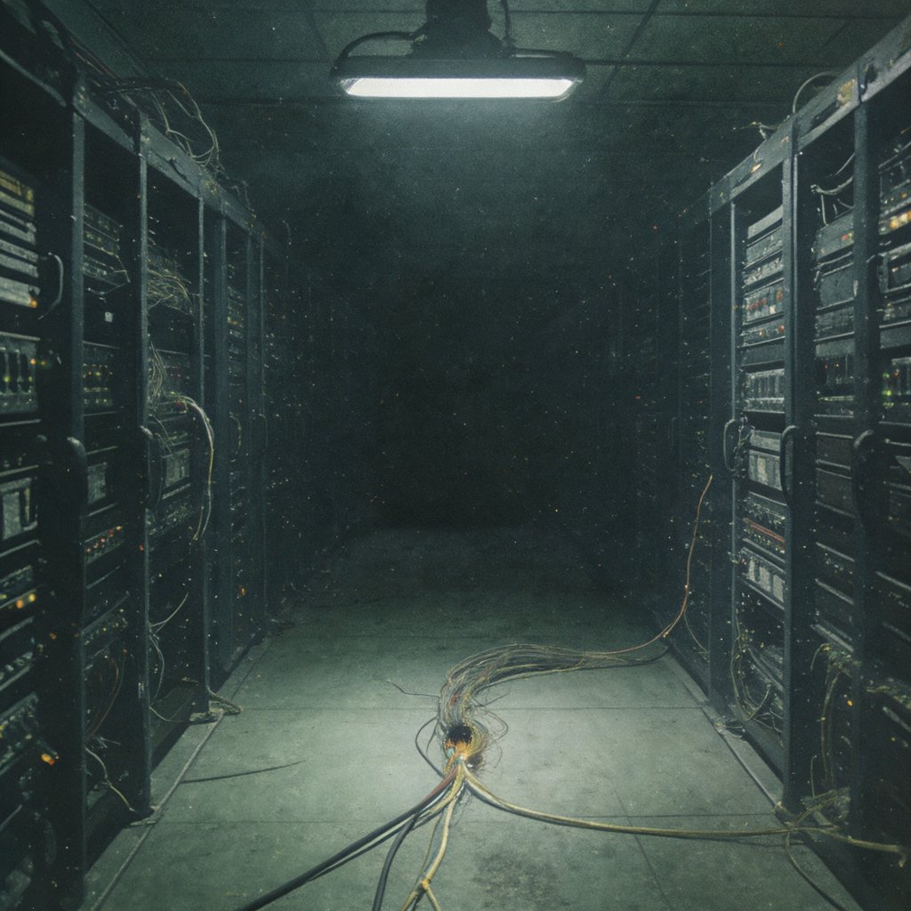 Illustration of a dark server room with rows of racks and a single fiber cable spliced open under a work lamp, deserted, no people
