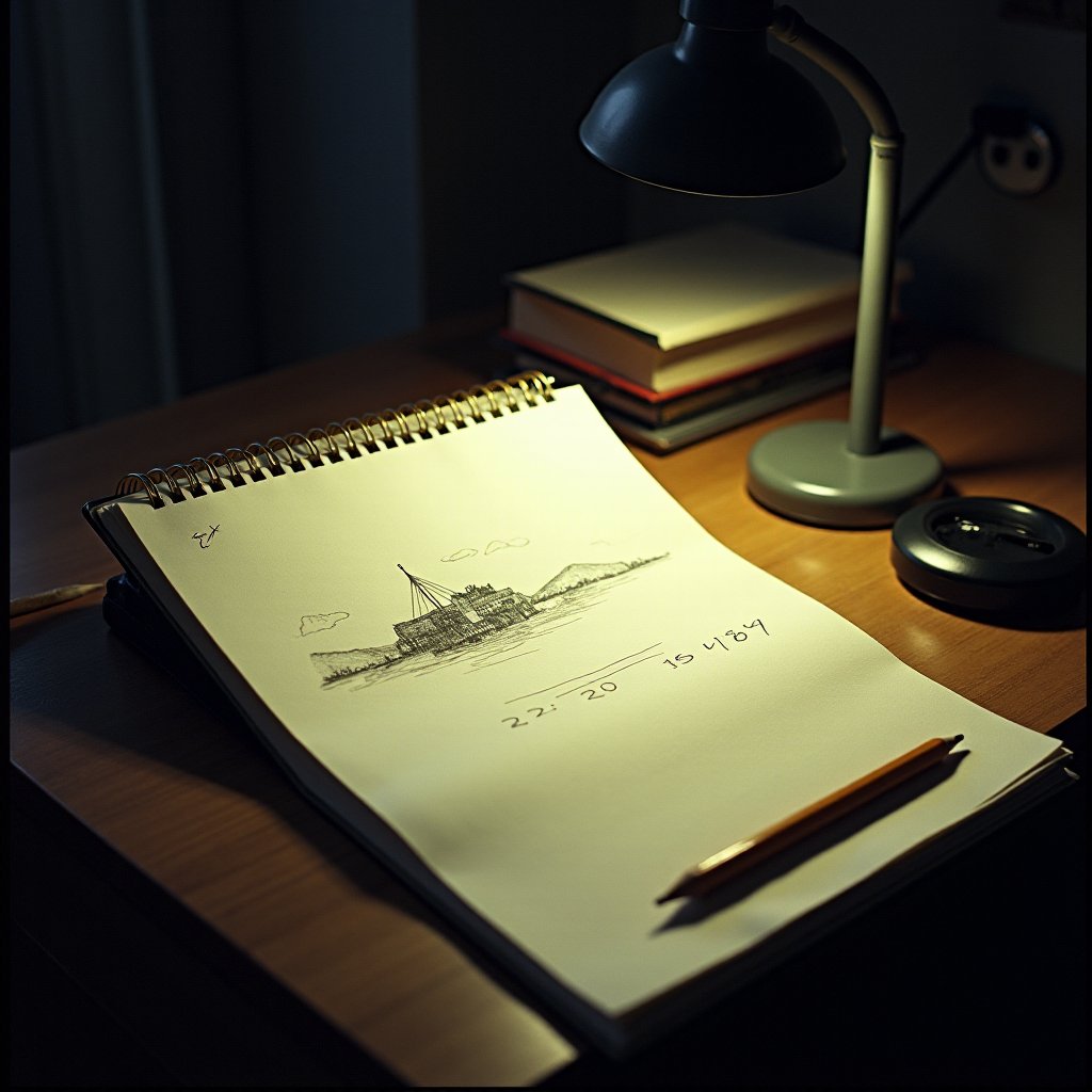 Illustration of a sketch pad with a rough drawing of a distant facility under a desk lamp in a quiet room