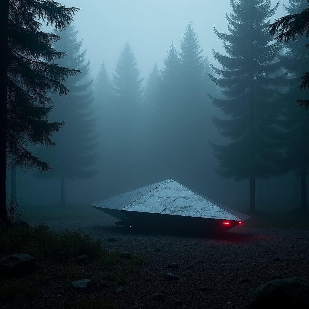 Illustration of a small triangular craft with glowing lights resting in a dark pine forest clearing