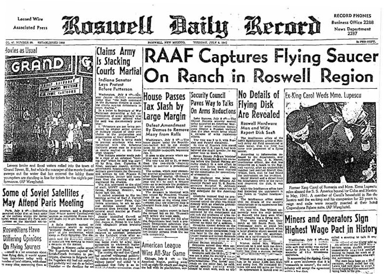 Front page of the Roswell Daily Record, July 8, 1947, reporting a captured flying disc