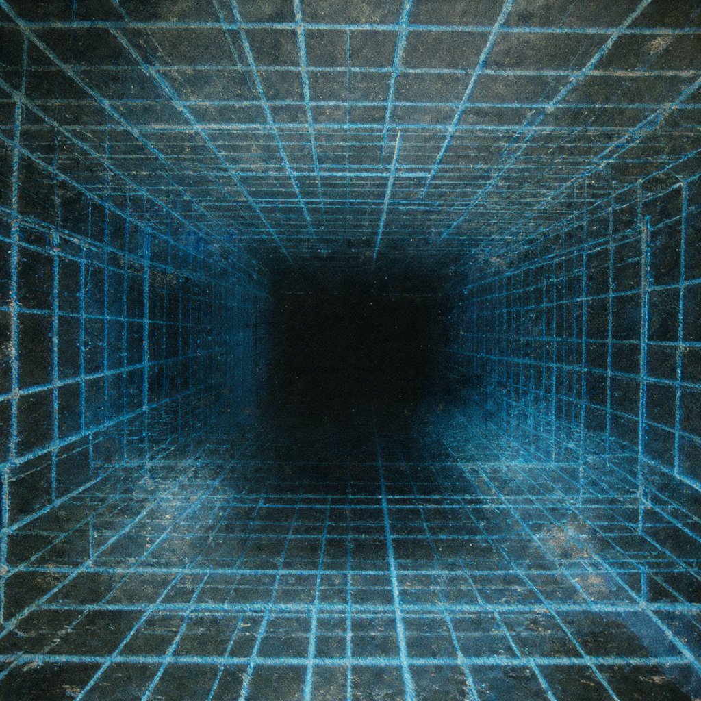 Illustration of a glowing wireframe grid receding into darkness, suggesting an underlying computational lattice