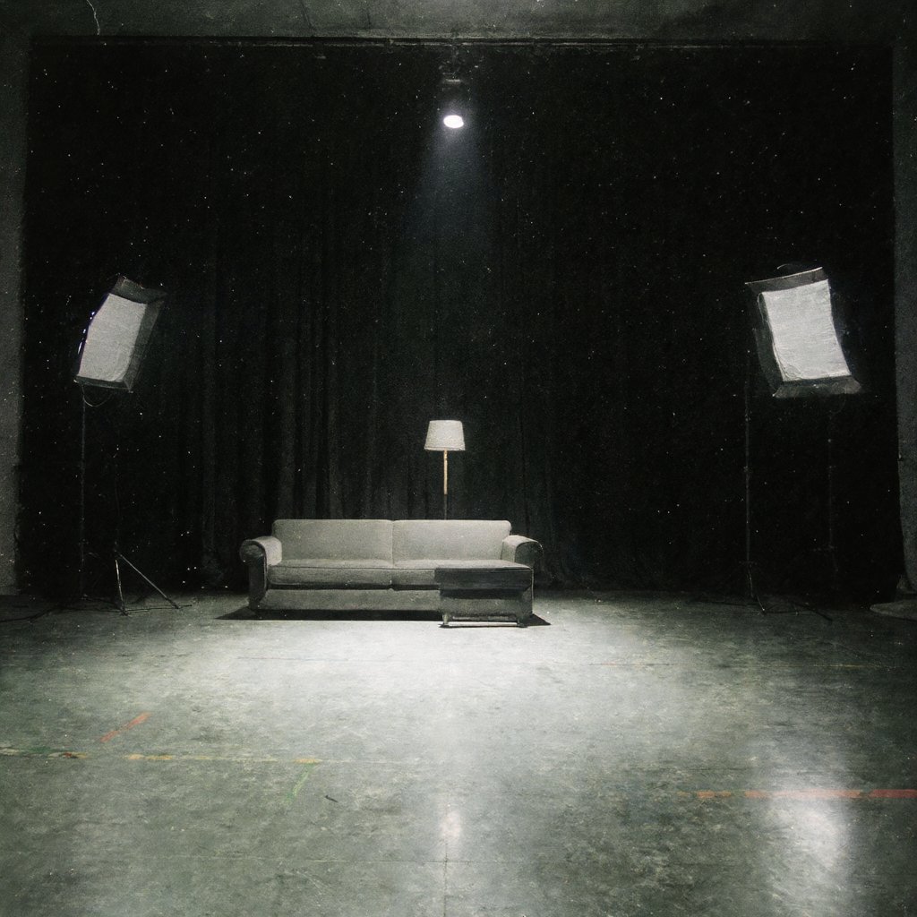 An empty soundstage lit for a scene, marks taped to the floor and cameras positioned, the set dressed as an ordinary street