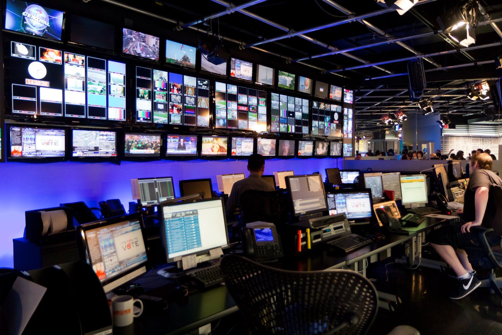 A television control room, banks of monitors and a switching desk where what an audience sees is selected shot by shot