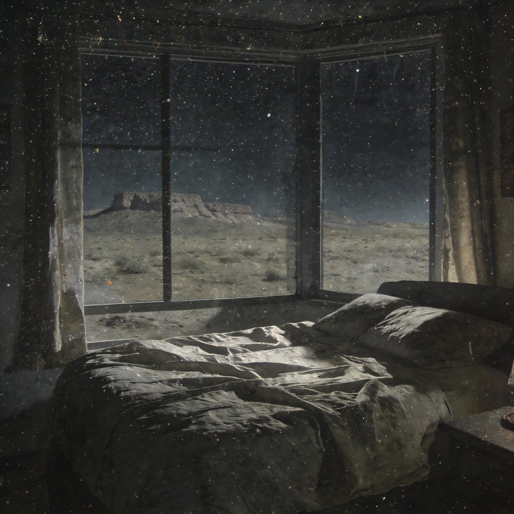 Illustration of a dark bedroom at night in a high desert house, curtains still, a distant mesa through the window, deserted, no people