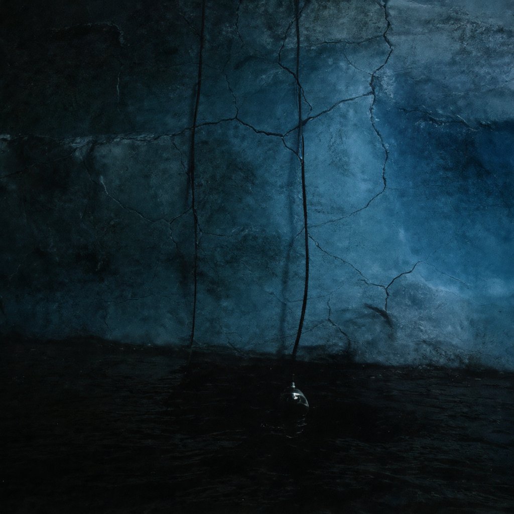 Illustration of a hydrophone cable descending into black water beside a cracking iceberg wall, deserted, no people