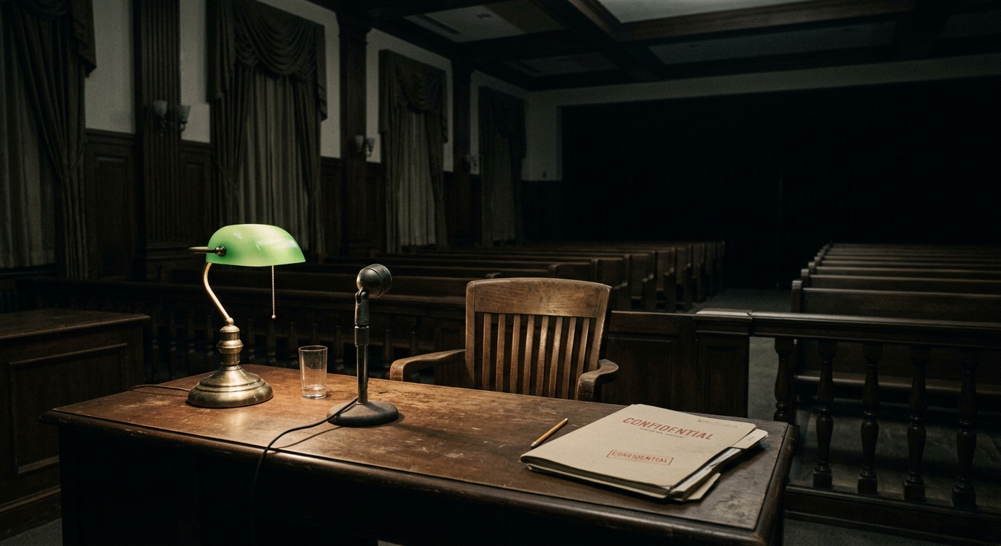 Illustration of a dim 1934 committee hearing room with a single witness chair under a desk lamp