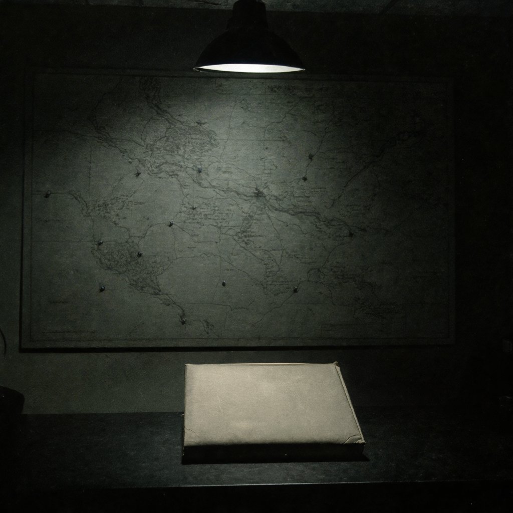 Illustration of a dim office with an unlit wall map marked by unreadable pins, a closed case file under a desk lamp