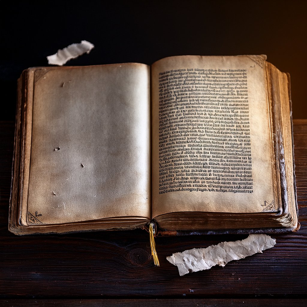 Illustration of an open vintage book with faint pencil code on the endpaper and a torn scrap beside it, no people