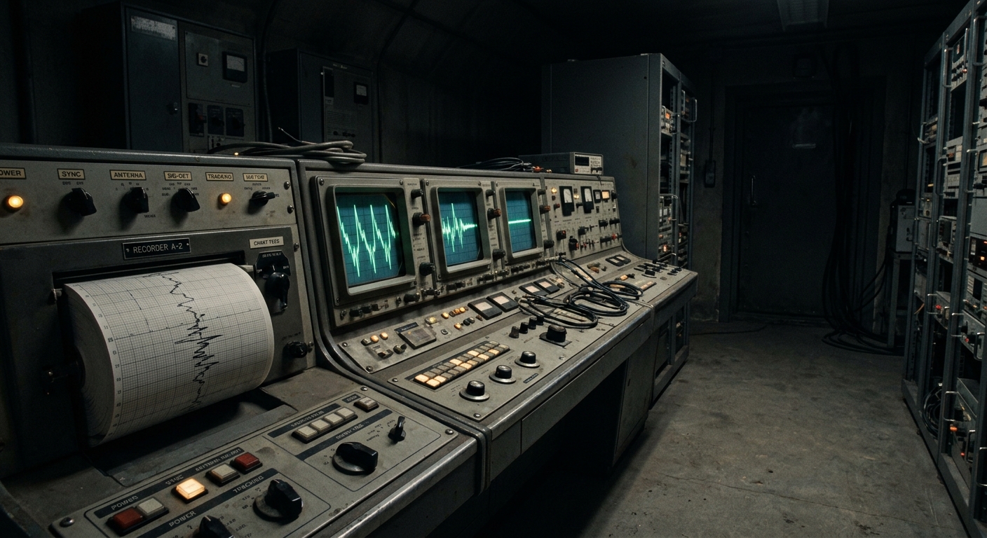 Illustration of a satellite tracking console showing a double-flash waveform trace in a dim control room