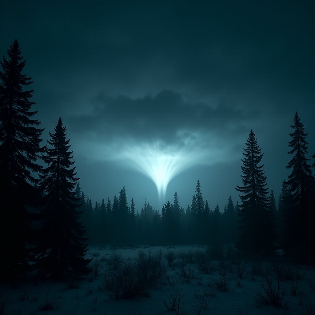 Illustration of an unexplained luminous airburst over the night taiga