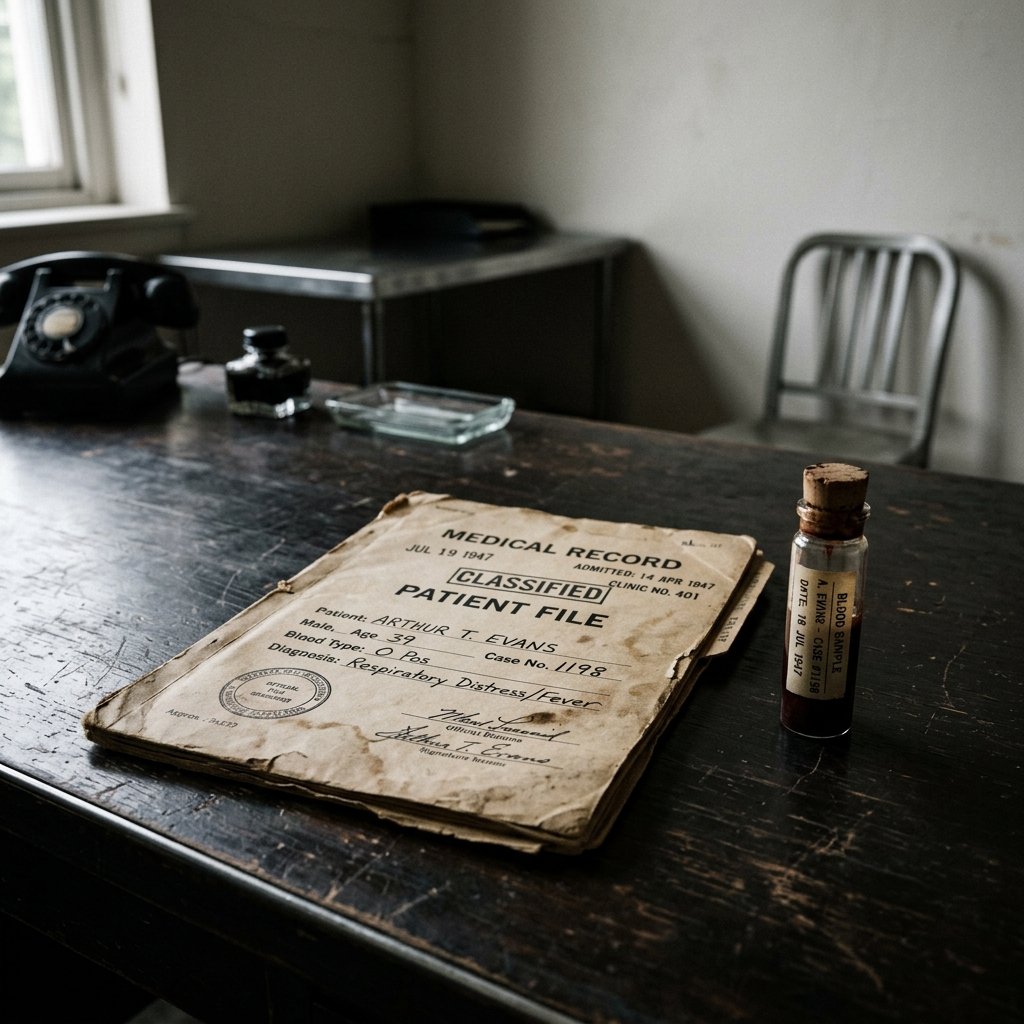 Illustration of a stamped 1940s medical file and a vial on a dark clinic desk, no people