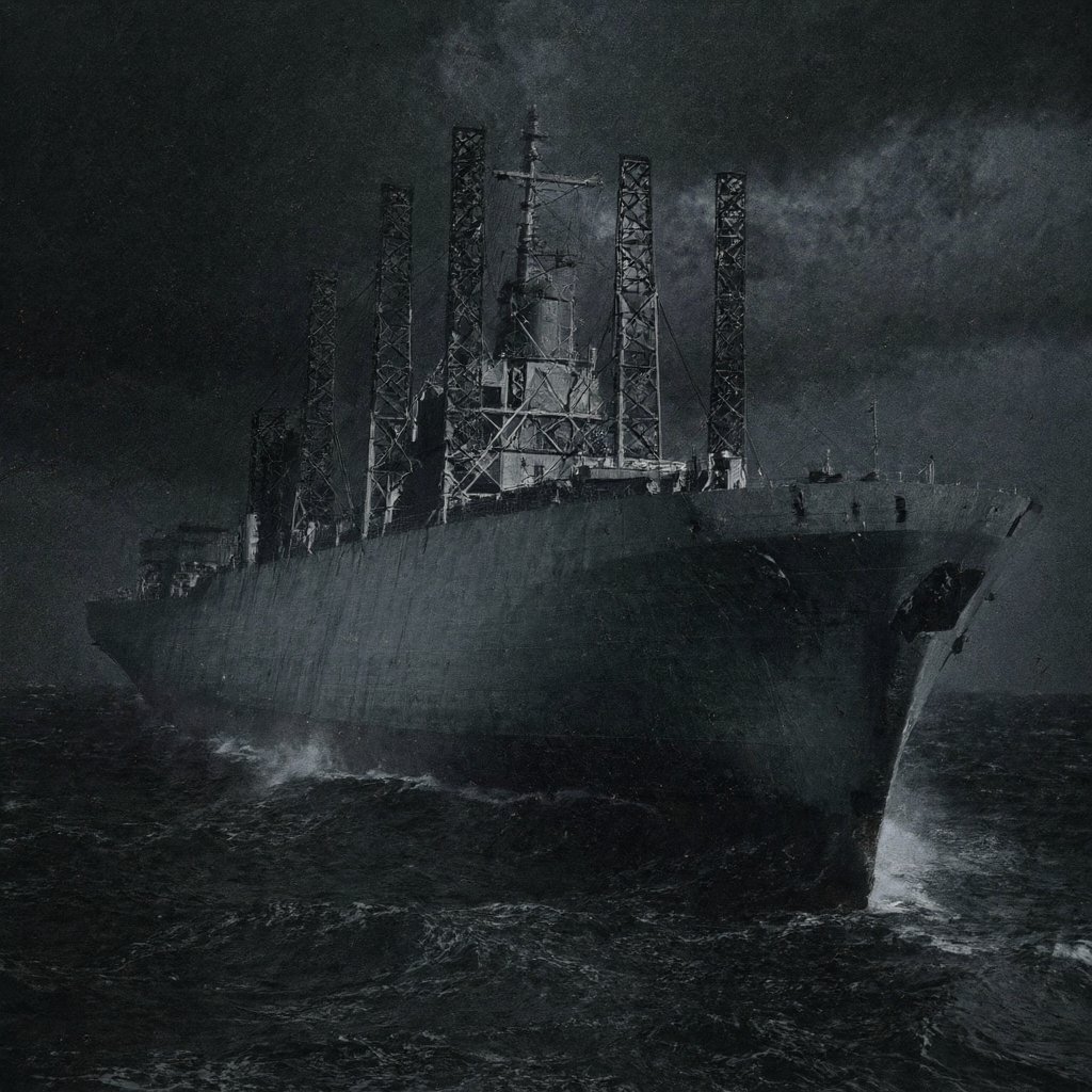 Illustration of a large steel cargo ship at night on a heavy gray sea under low storm clouds