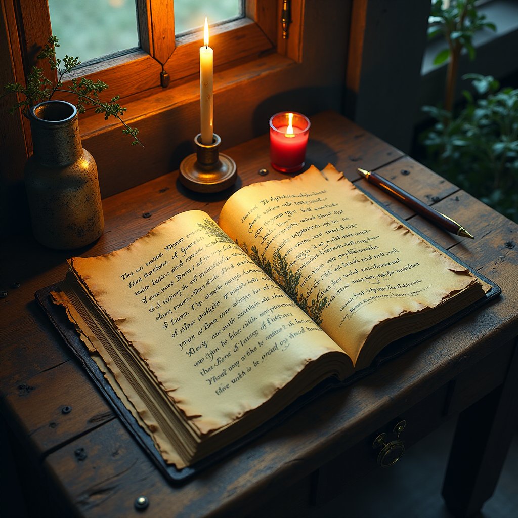 Illustration of an open medieval codex glowing with unreadable script in a candlelit study