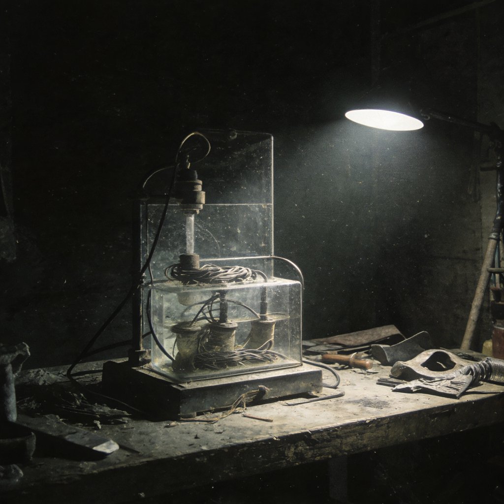 Illustration of a glass electrolysis cell apparatus on a cluttered workshop bench beside a stack of patent documents