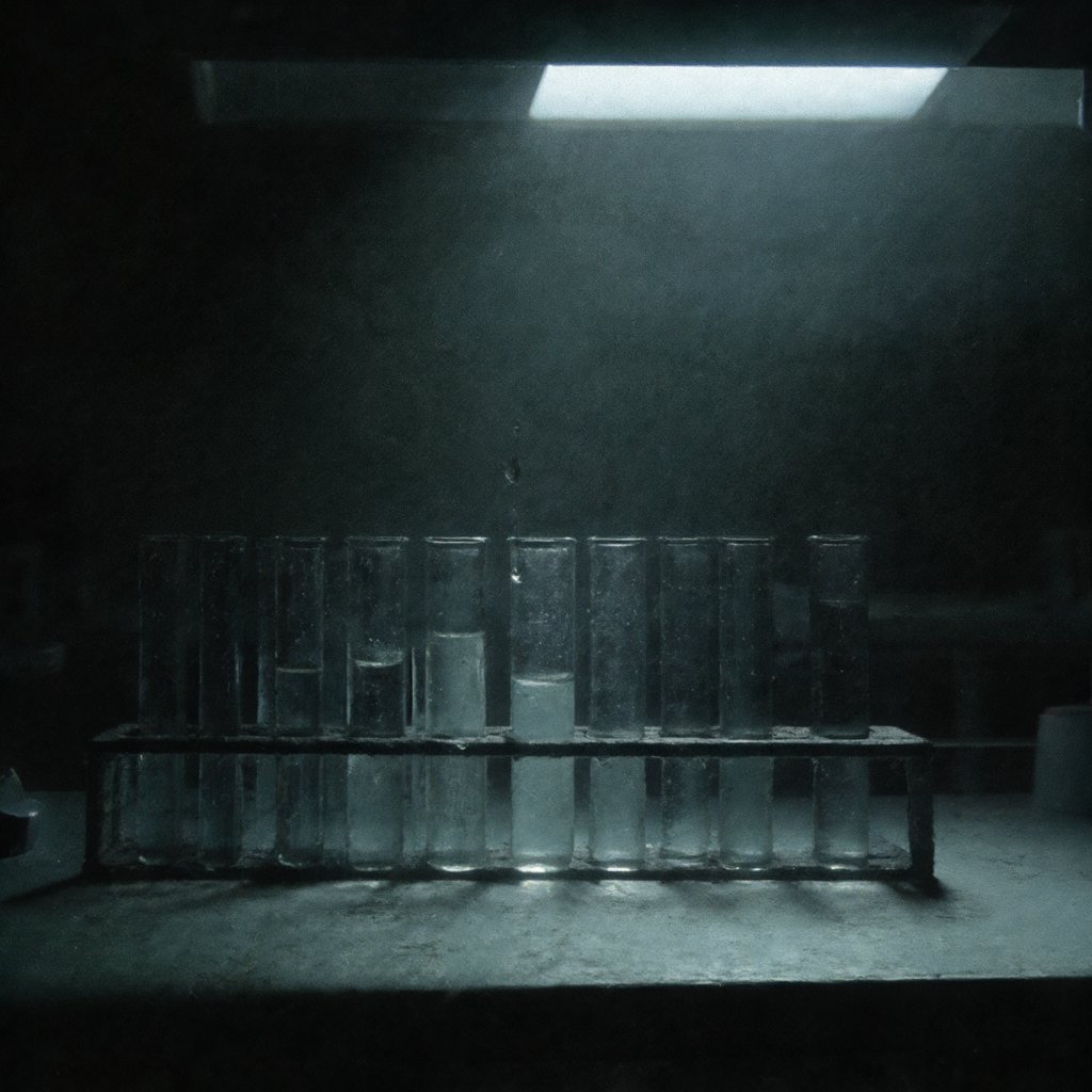 Illustration of a row of glass test tubes on a lab bench, one drop falling into clear liquid under harsh light, deserted, no people