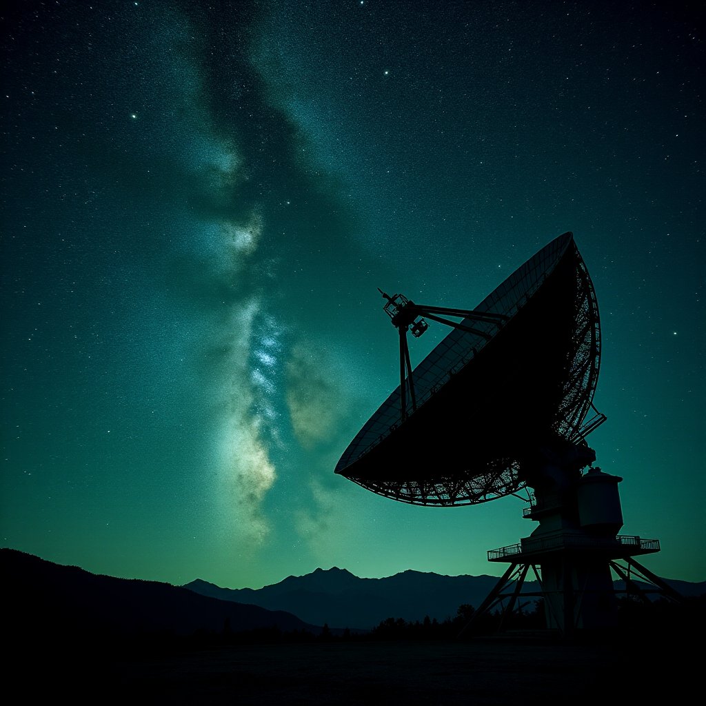 Illustration of a radio telescope dish aimed at a dense star field toward the galactic center at night