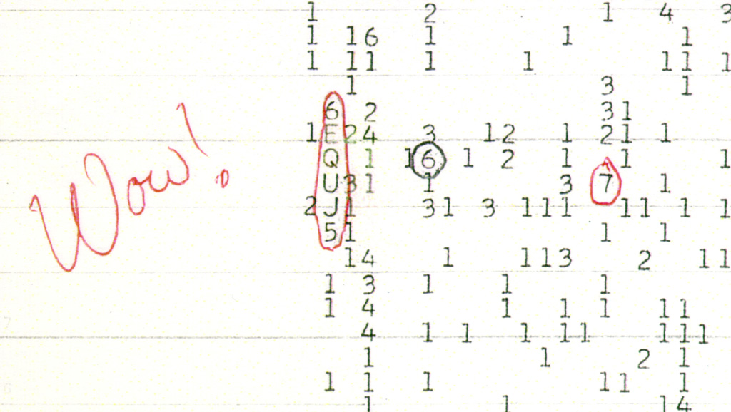 The 1977 Big Ear computer printout showing the signal code 6EQUJ5 circled with the handwritten note Wow!
